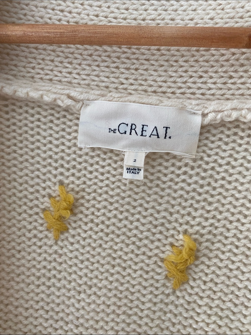 THE GREAT. Cream Embroidered Cabin Cardigan with Green Tree Motif - Picture 3 of 4